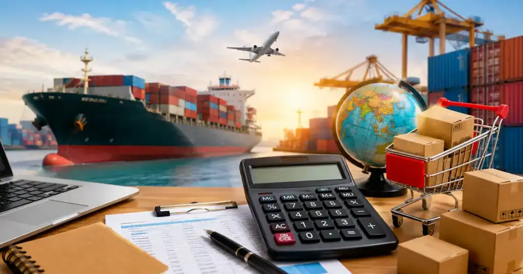 Buyer calculating Yiwu landed cost with shipping containers, cargo ship and import logistics