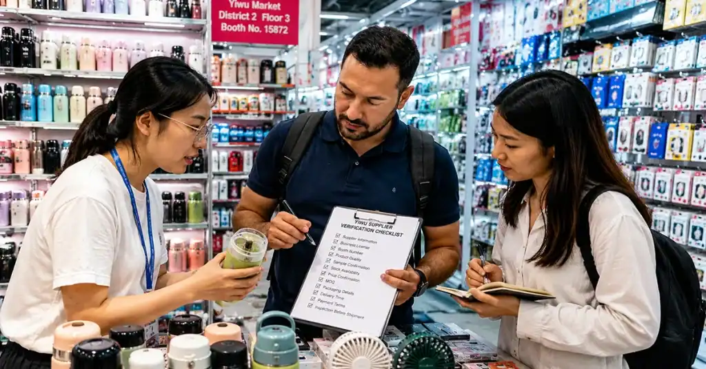 Buyer using a Yiwu supplier verification checklist before paying a supplier in Yiwu Market.