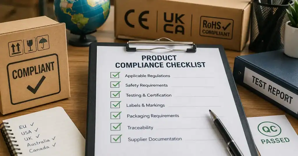 Yiwu product compliance checklist with test reports, packaging labels and supplier compliance documents before supplier selection.