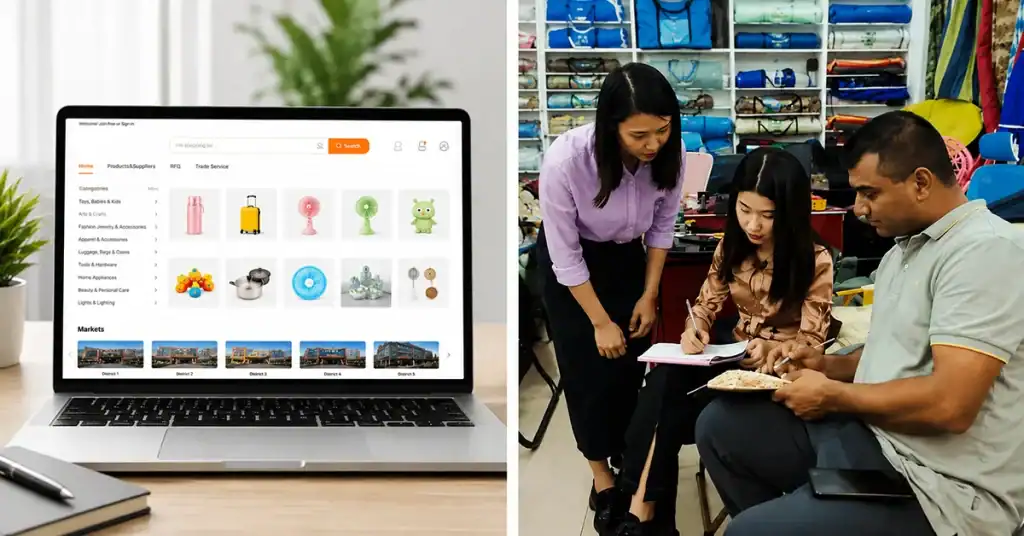 Yiwugo online marketplace compared with a Yiwu agent assisting an overseas buyer in Yiwu Market